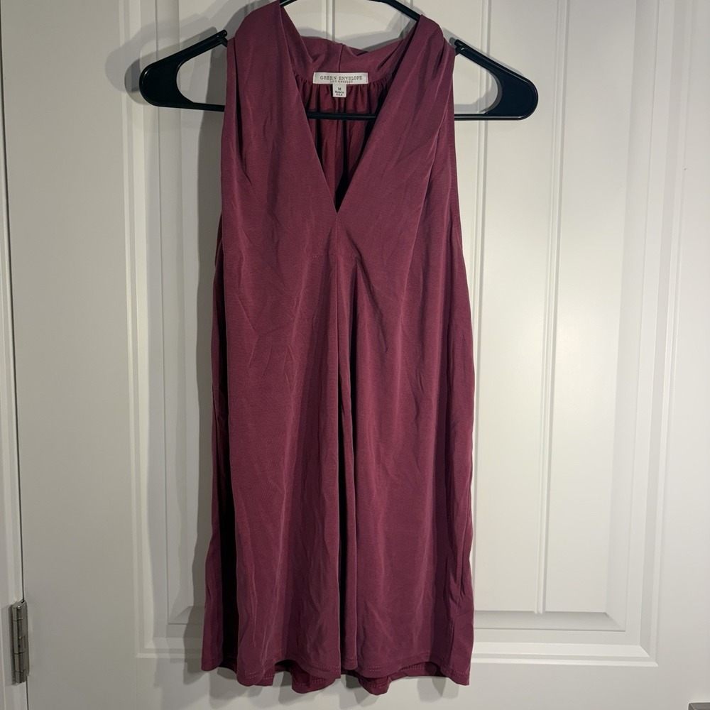 Green Envelope Sleeveless Blouse Women Medium Burgundy V Neck Flowy Top